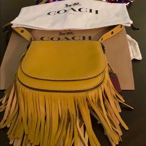 Coach Mustard Yellow Saddle Fringe Messenger Pebbled Leather Bag